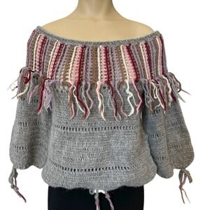 VTG Crochet Sweater Size S/M Gray Multicolor Stripes Fringe Wool Mohair‎ Hair